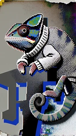 Krea 2 chameleon in a sweater, rendered with pixelated collage textures and retro computer graphics.