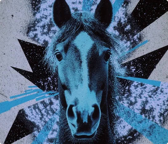 Krea 2 horse portrait in blue-and-black halftone collage with sharp radiating graphic shapes.