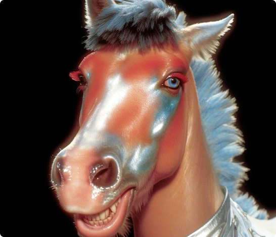 Krea 2 horse portrait with luminous metallic makeup and a silver mane against black.