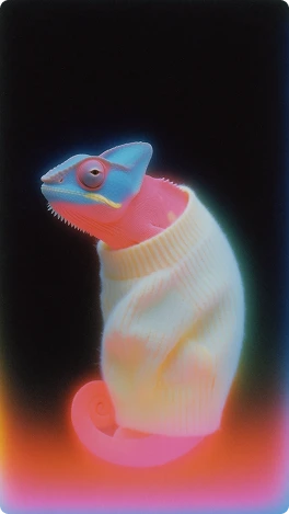 Krea 2 chameleon in a pale ribbed sweater, rendered in glowing pink, orange, and blue gradients.