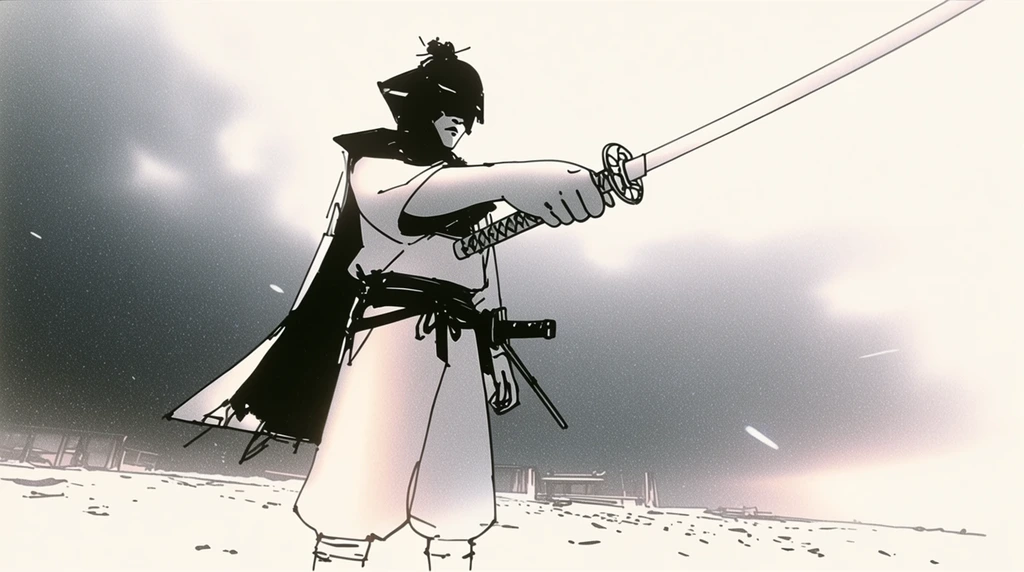 Krea 2 ink-style illustration of a samurai drawing a sword, seen from a low, wide-angle viewpoint.