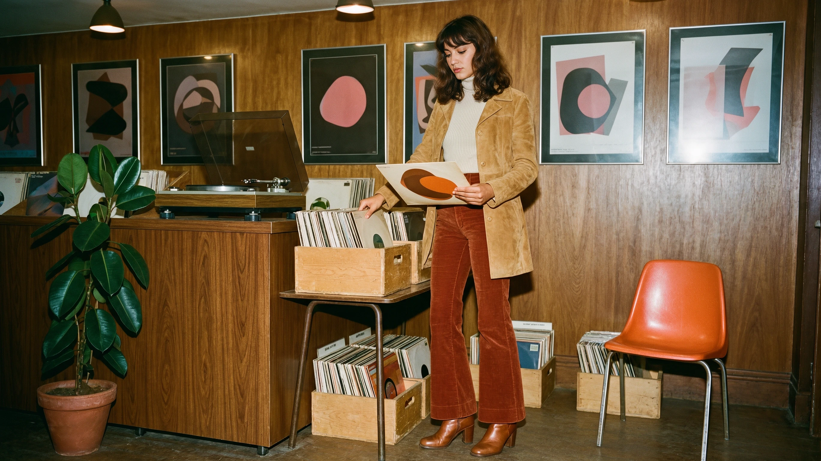 A woman in a camel suede jacket browsing records in a 1970s record store.