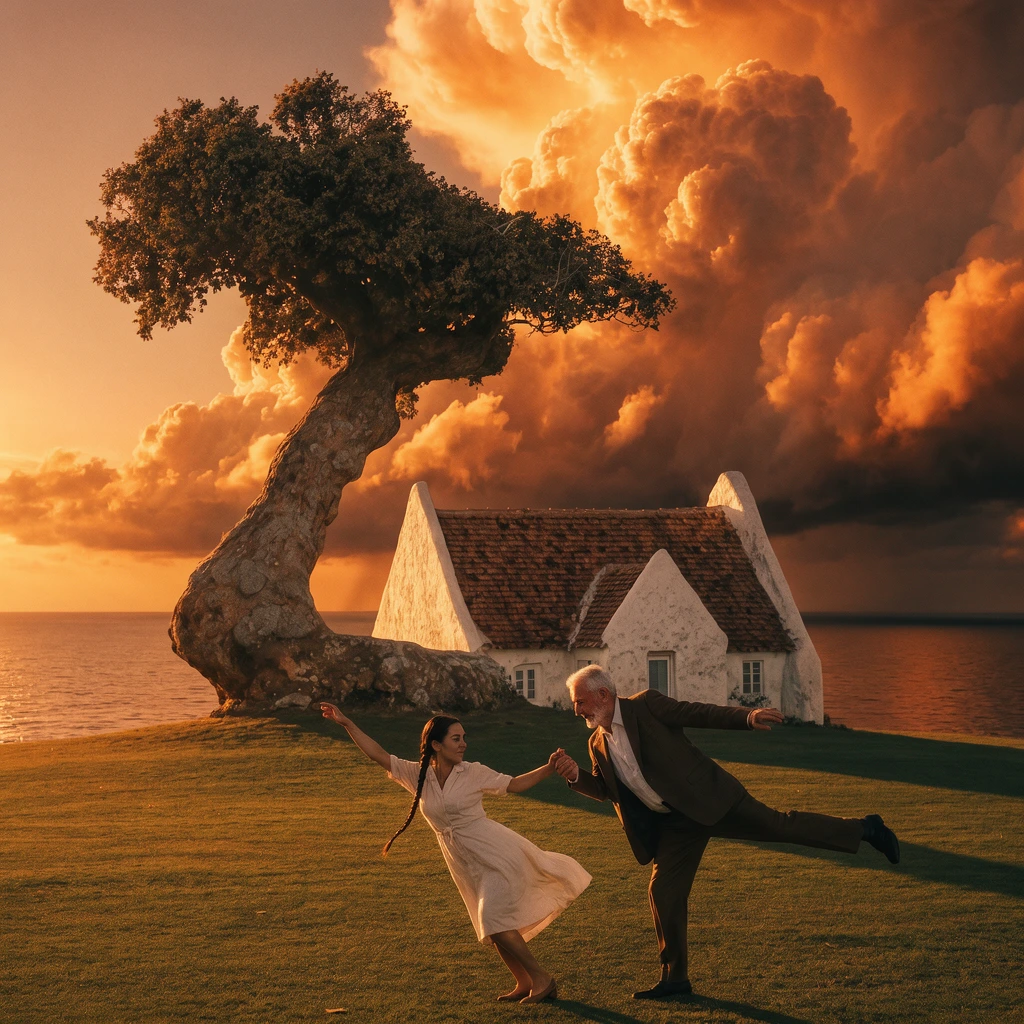 Krea 3 edit: the scene under fiery orange-gold storm clouds with warm light.