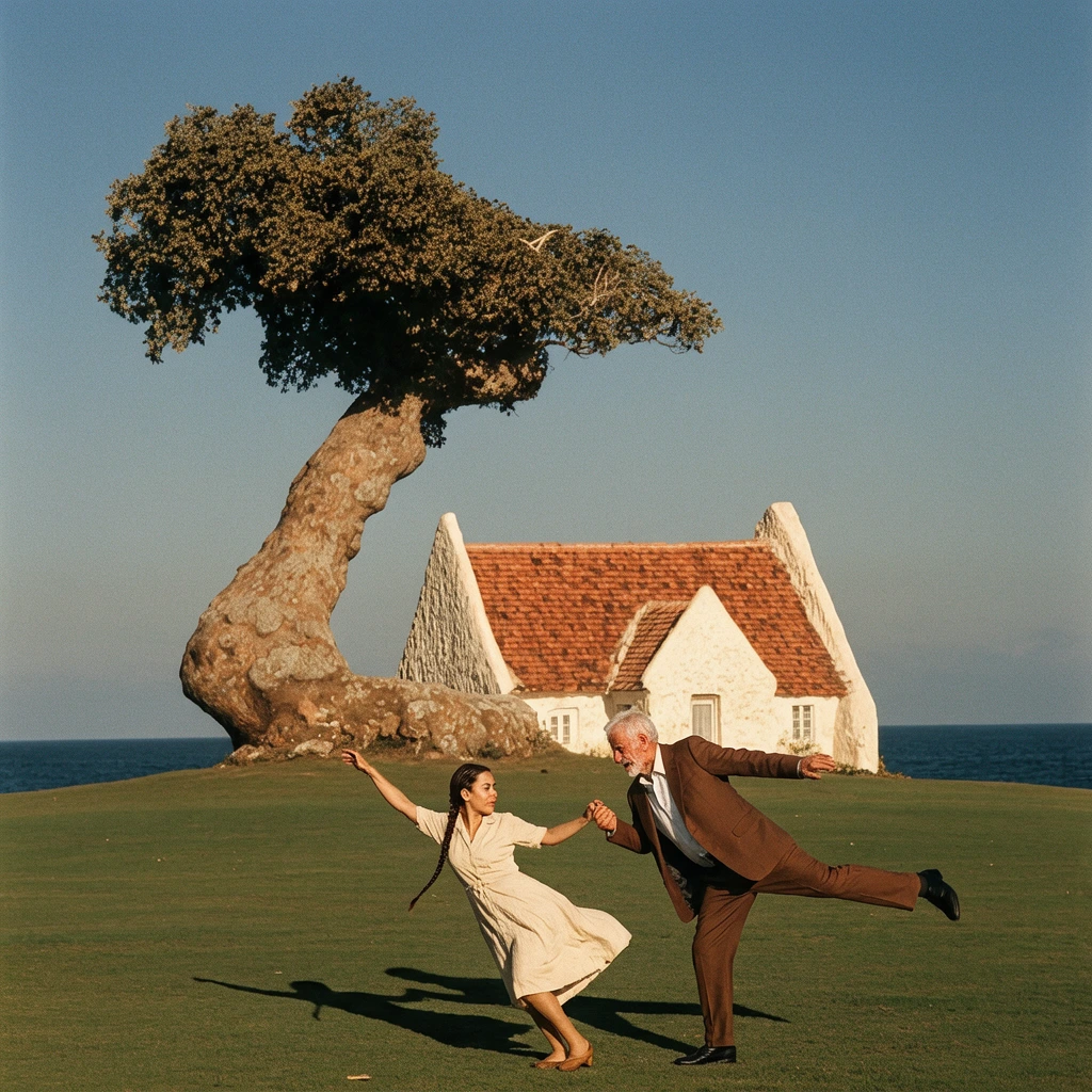 Original: a dancing couple, a white house, and a wind-bent tree beneath a clear blue sky.